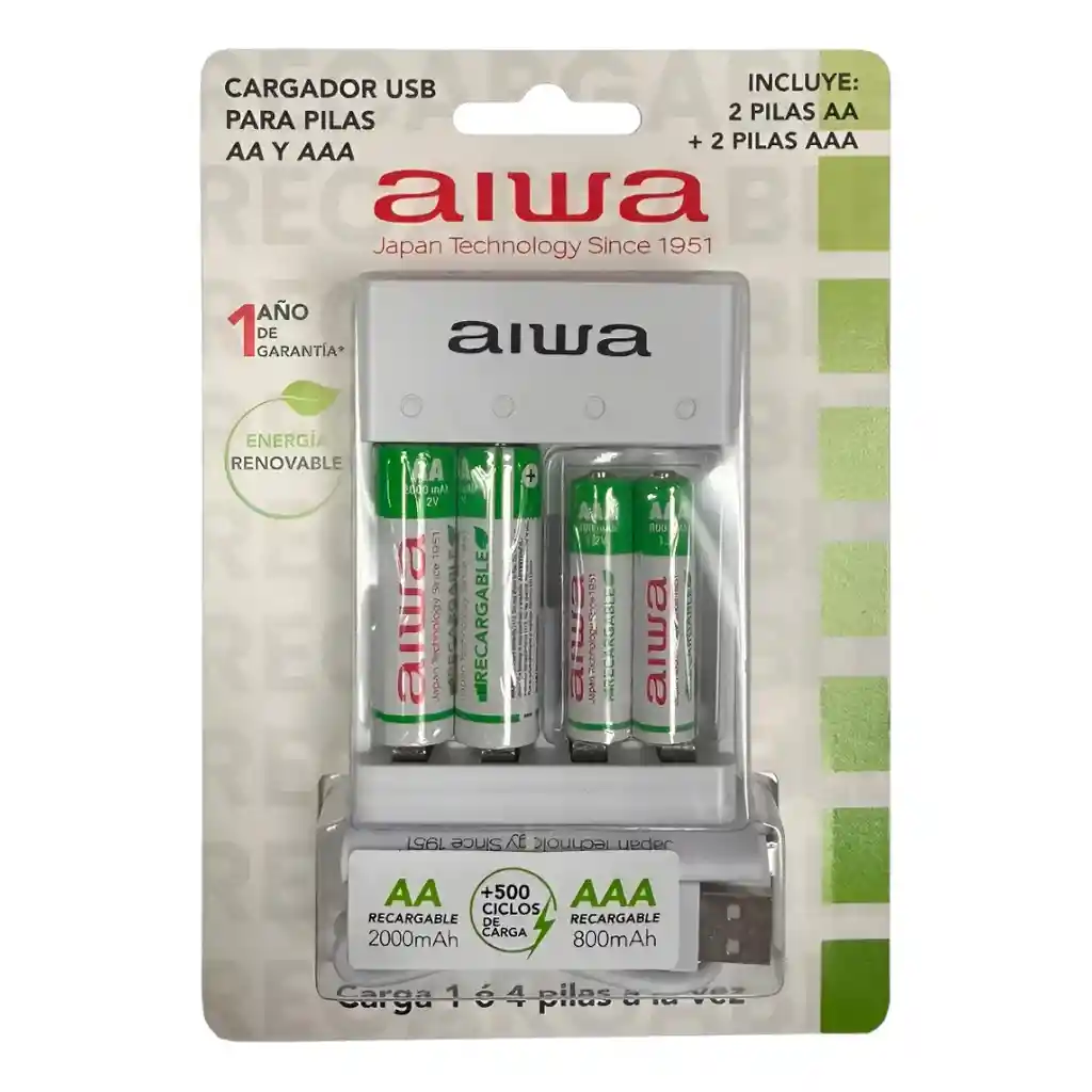 Aiwa Cargador Usb Para Pilas Aa Y Aaa – Incluye 4 Pilas