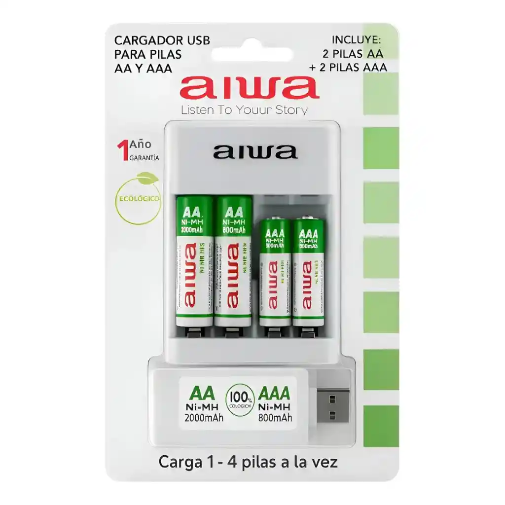 Aiwa Cargador Usb Para Pilas Aa Y Aaa – Incluye 4 Pilas
