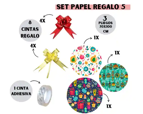 Set Pliegos Papel De Regalo Y Cintas Navidad 5