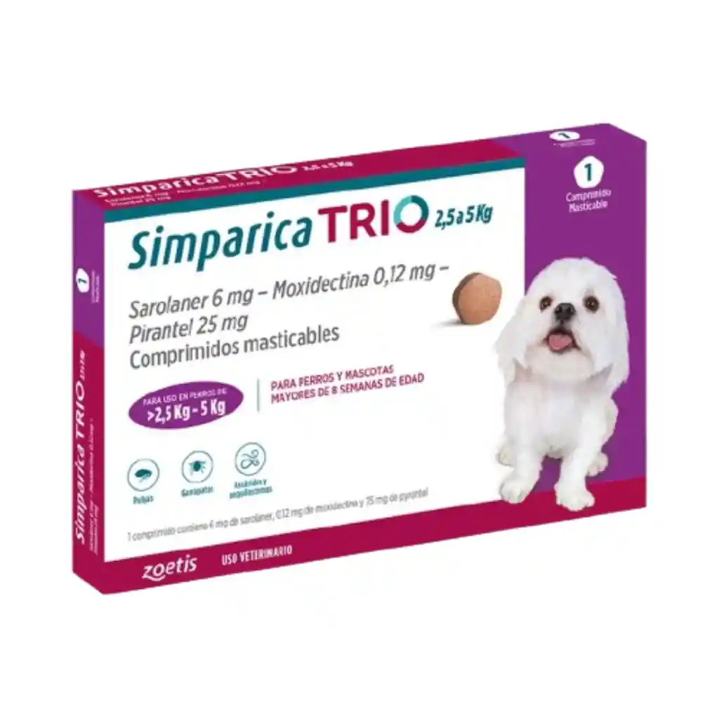 Simparica Trio, Antiparasitario Para Perros De 2,5 A 5 Kg (1 Comprimido)