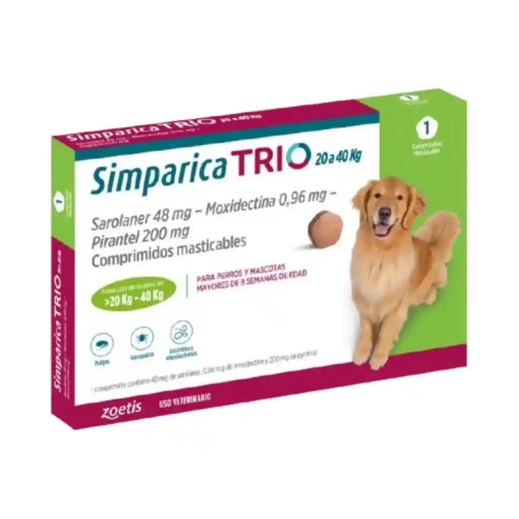Simparica Trio, Antiparasitario Para Perros De 20 A 40 Kg (1 Comprimido)