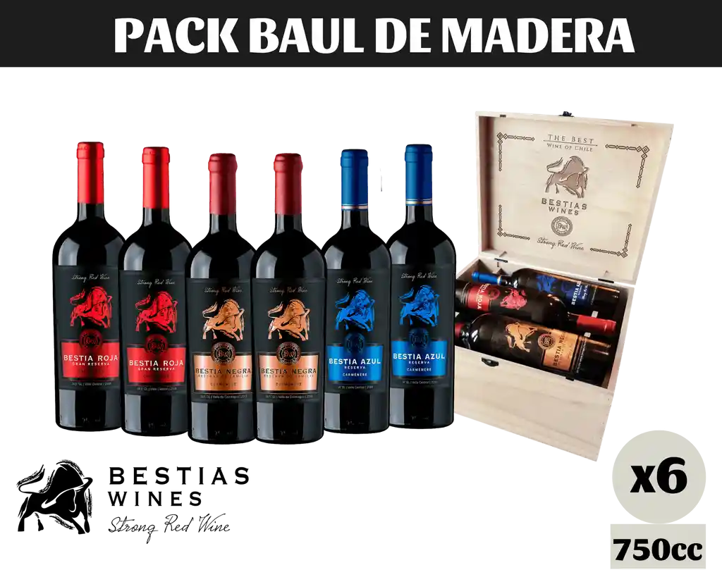 Pack Regalo 6x Vinos Bestias Collection Baúl Madera Merlot