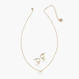 Set Collar Y Aros Corazón Blanco Dorado