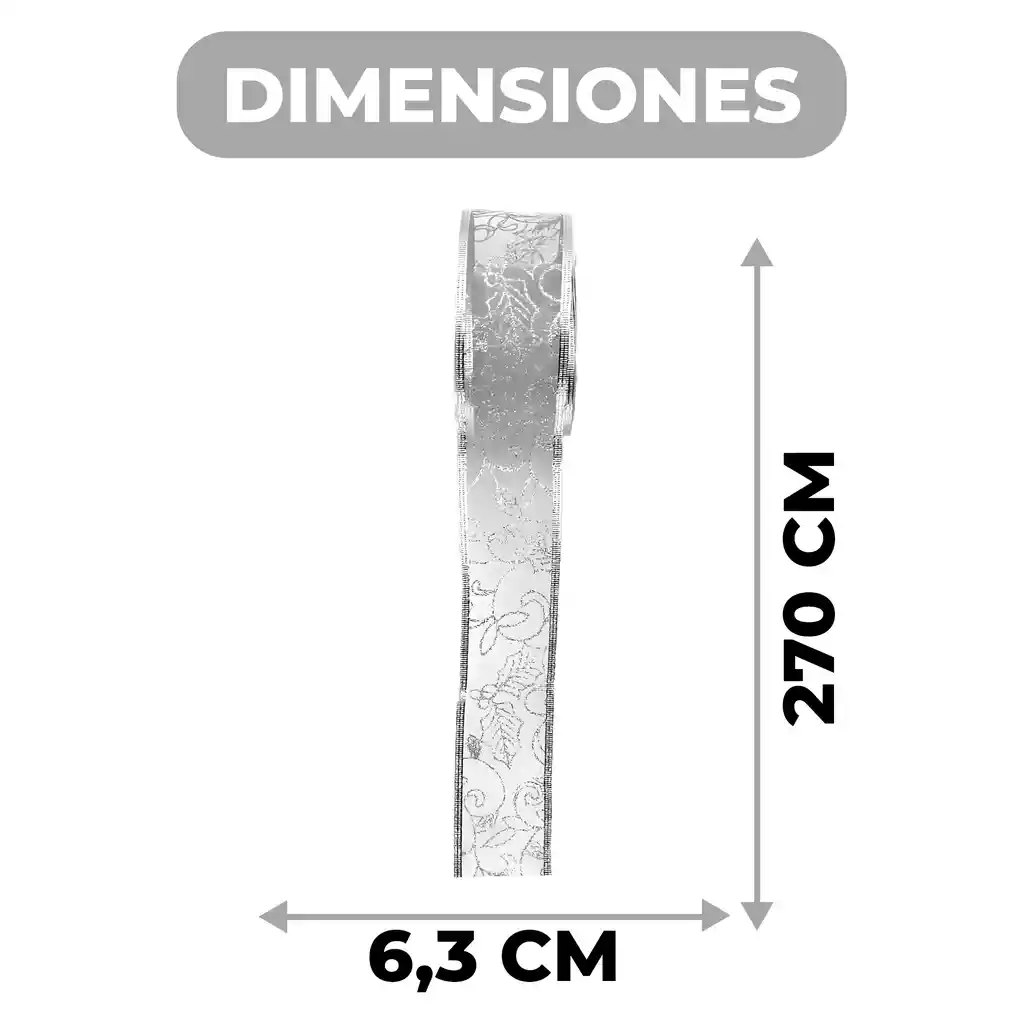 3 Cintas Decorativa De Navidad Rollo Flores Gris 6,3 Cm X 2,7 Mts