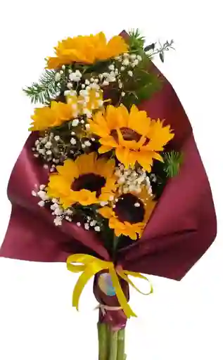Ramo Con 5 Girasoles Y Follaje. Envoltorio Y Lazo. Flores Amarillas