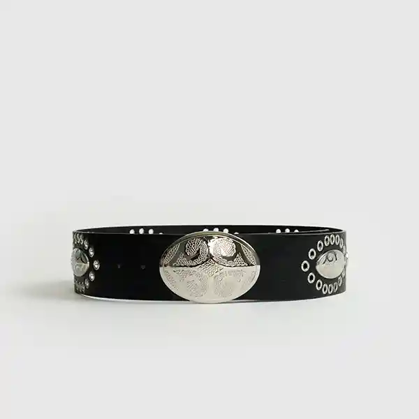 Cinturón Boho Hebilla Ovalada Escudo S/m Negro