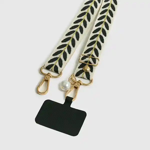 Strap Colgante Celular Adhesivo Hojas Bordadas Beige