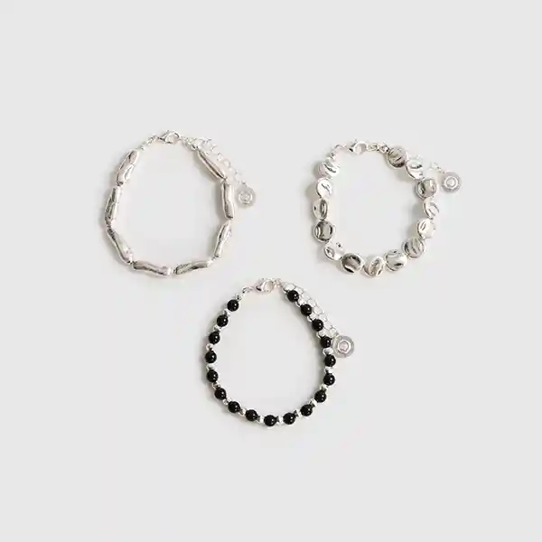 Set Pulseras Mostacillas Y Piedras Irregulares Plateado