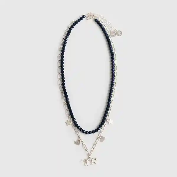 Collar Doble Con Eslabones Y Mostacillas. Plateado