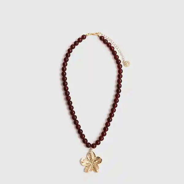 Collar Borlas Marmoladas Charm Flor Burdeo