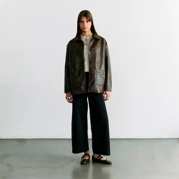 Chaqueta Solsticio Larga Efecto Cuero Xs Café