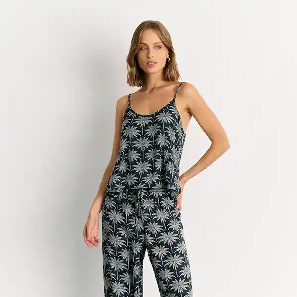 Pijama Satinado Palmeras L Azul