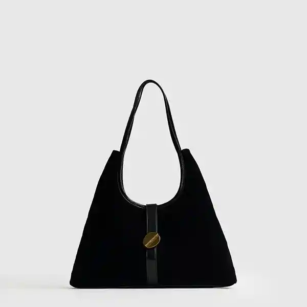 Cartera De Hombro Fake Suede Broche Negro