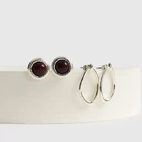 Set Aros Acero Inoxidable Piedra Plateado