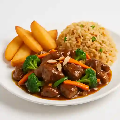 Carne Chiten con Papas y Arroz Chaufan