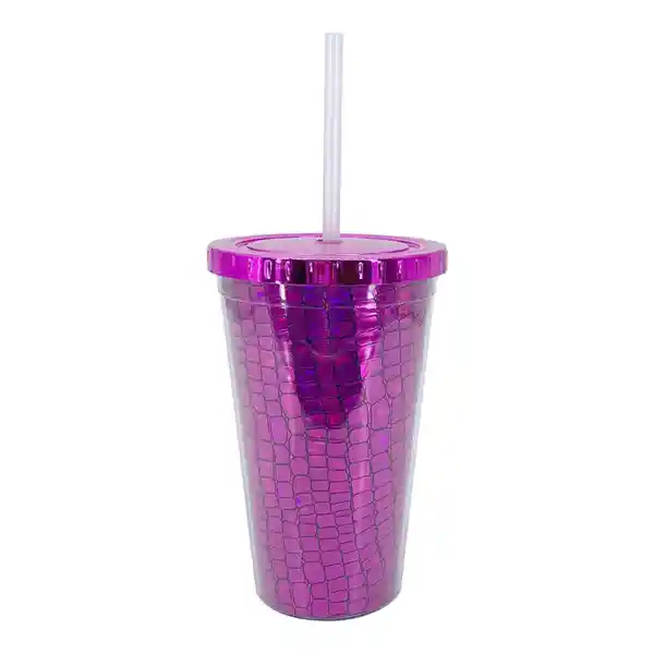 Vaso Doble Pared Fucsia Tapa Plana 470 mL