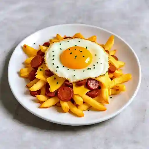Papas Fritas Chicas (350grs) + Queso Cheddar Y Gouda + Chorizo + Huevo
