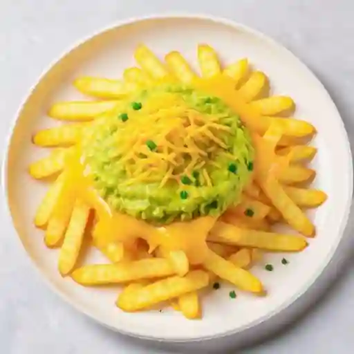 Papas Fritas + Queso Cheddar + Ciboulette + Guacamole (Pico E' Gallo)