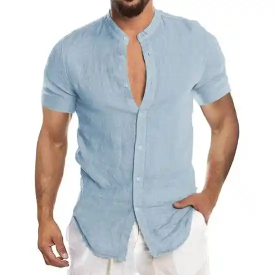 Camisa de Lino Manga Corta Cuello Mao Celeste