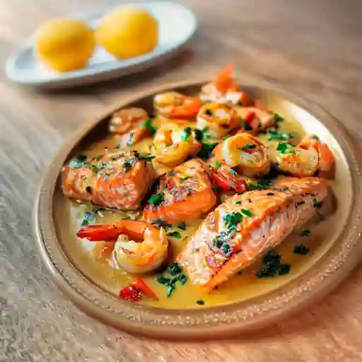 Salmòn al Gratín con Camarones