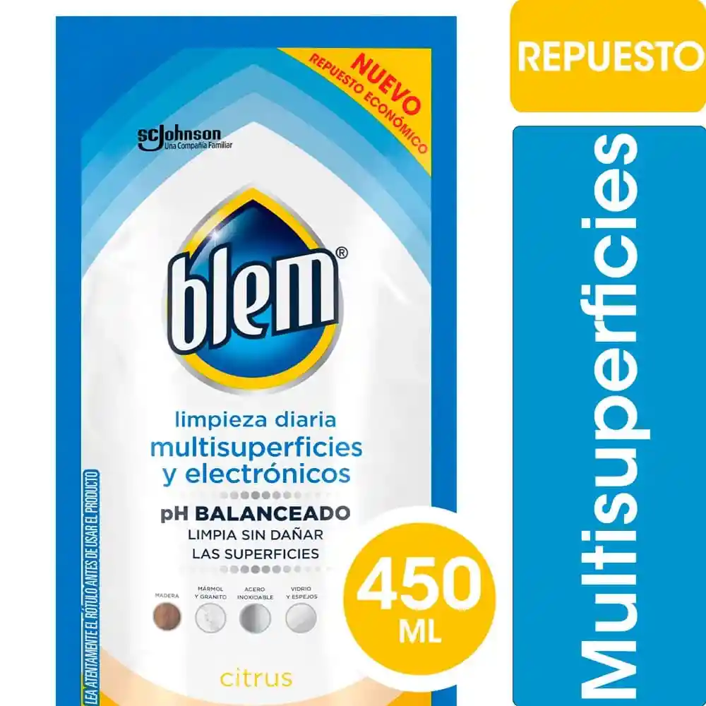 Limpiador Multisuperficies y Electrónicos Blem Citrus Repuesto 450ml