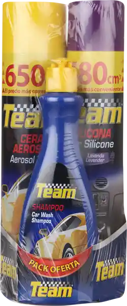 Team Pack Limpieza Automovil Silicona + Cera + Shampoo