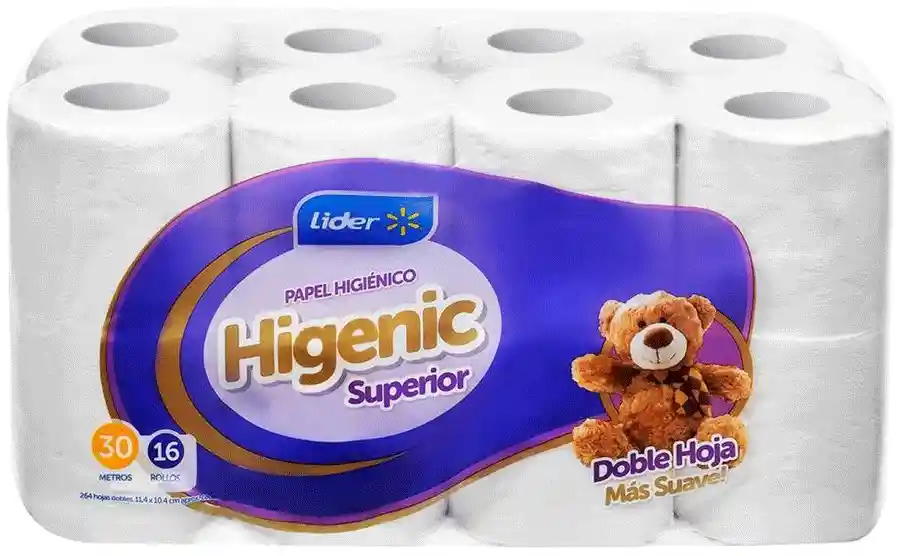 Papel Higiénico Doble Hoja Superior 30 Metros Bolsa Lider 16Un