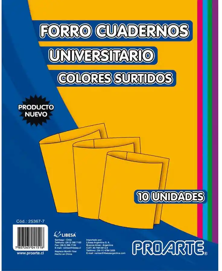 Proarte Forro Cuadernos Universitario Colores Surtidos (10 Un)