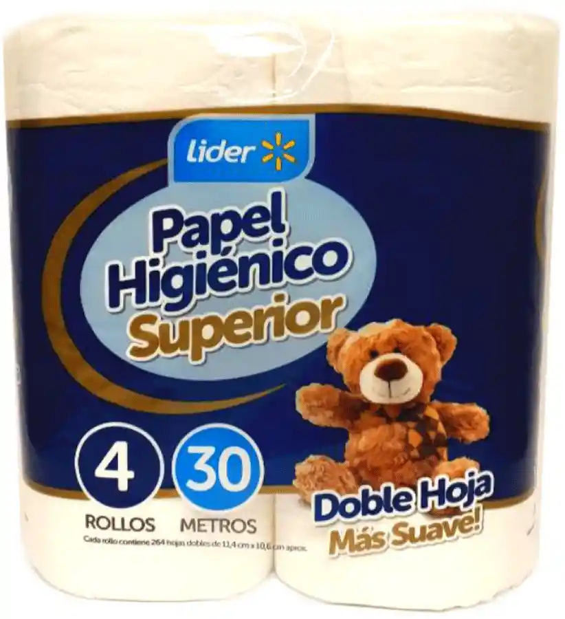 Papel Higiénico Doble Hoja 30 Metros Paquete Lider 4Un