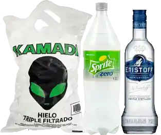 Eristoff Vodka 1L + Jugo/Bebida 1.5L + Hielo 1Kg