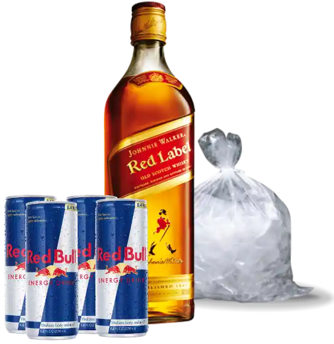 Johnnie Walker Whisky Red Label 1 Lt+4 Red Bulls 250Cc+Hielo