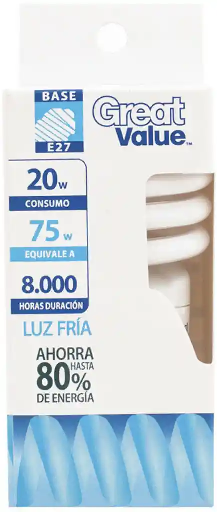 Ampolleta Espiral Luz Fría E27 20W (75W) 1 Un