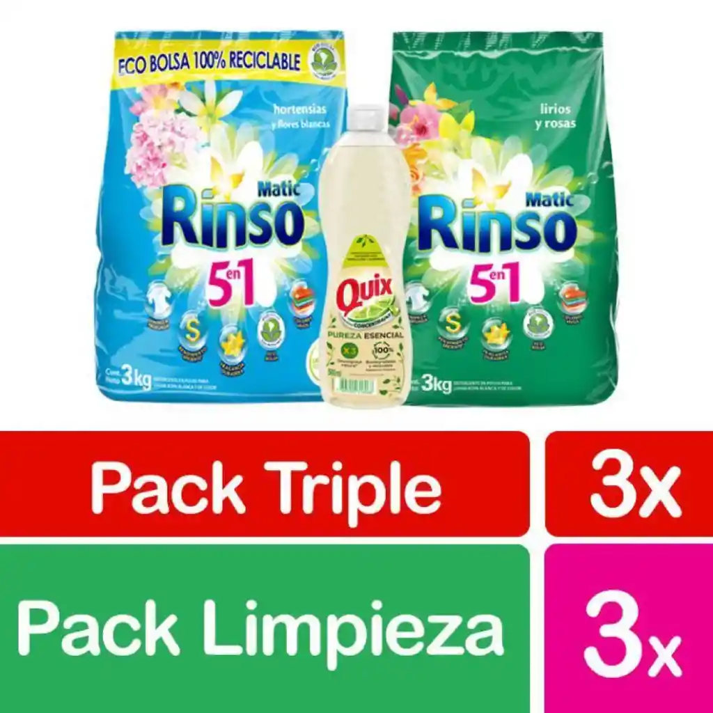 Rinso pack detergente polvo 2 bolsas 3kg c/u + Quix 500ml