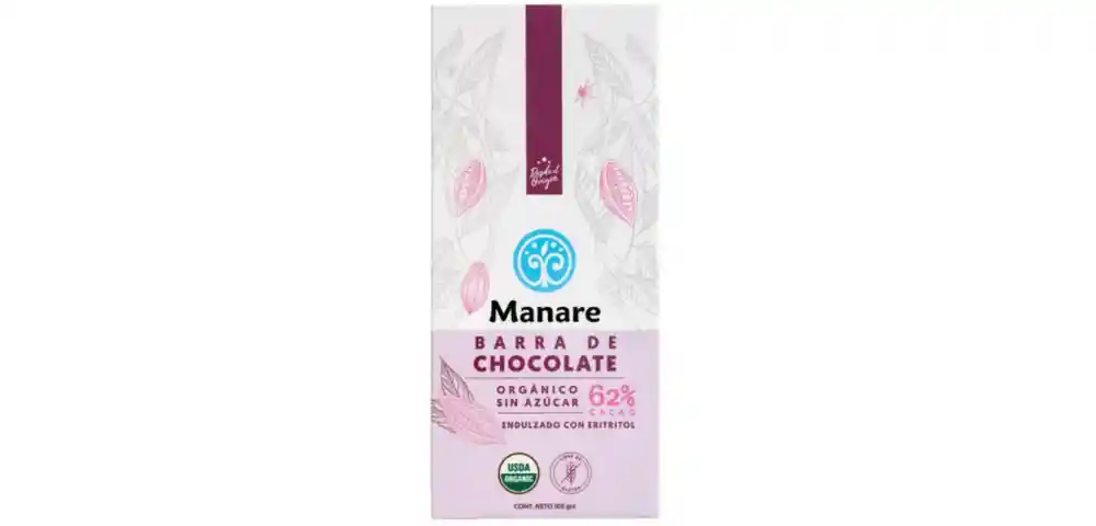 chocolate organico sin azucar 62% cacao Manare 100gr