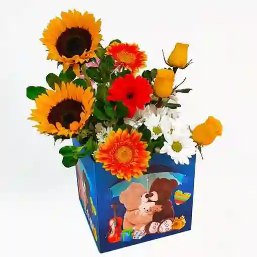 Caja Abrazo - Rosas, Gerberas y Girasol