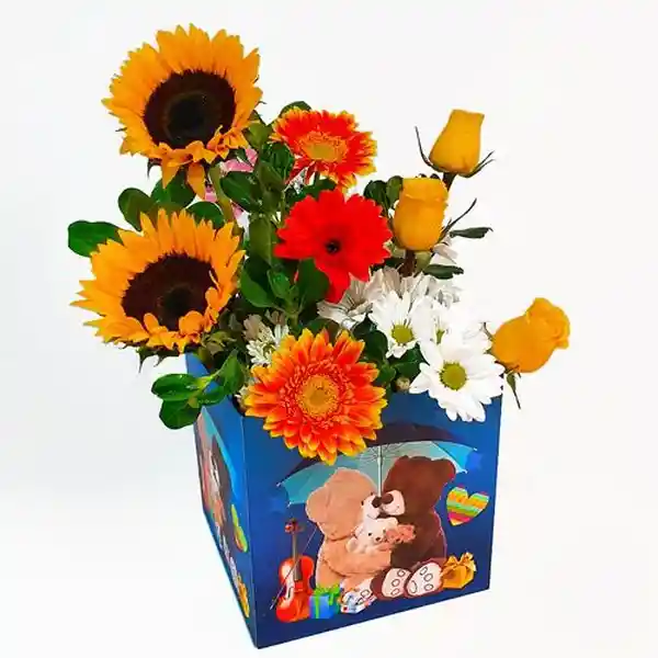 Caja Abrazo - Rosas, Gerberas y Girasol