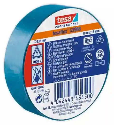 Tesa Tesaflex Cinta Aisladora Electrica Azul 10 m x 15 mm