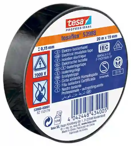 Tesa Tesaflex Cinta Aisladora Electrica Negra 20 m x 19 mm