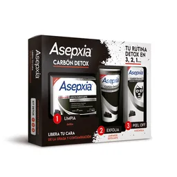 Asepxia Pack Jabón Barra + Exfoliante + Máscara Peel Off Carbón