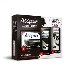 Asepxia Pack Jabón Barra + Exfoliante + Máscara Peel Off Carbón