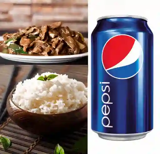 Carne Mongoliana con Arroz y Bebida