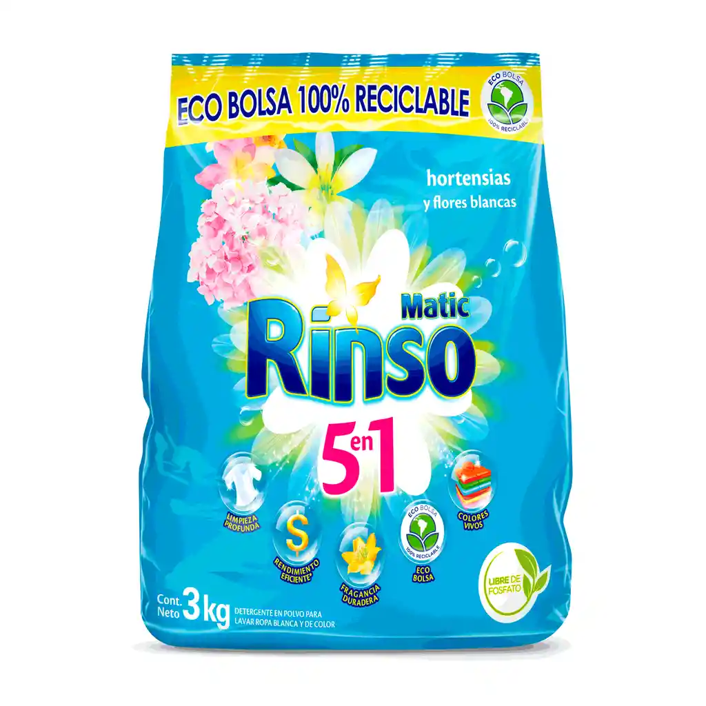 Rinso Matic Detergente en Polvo 5 en 1 Aroma Hortensias y Flores Blancas