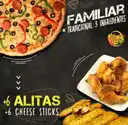 Pizza Familiar con Alitas y Cheese Sticks