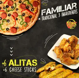 Pizza Familiar con Alitas y Cheese Sticks