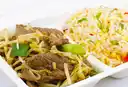 Carne Diente de Dragón y Arroz Chaufan