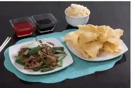 Surtido Mongoliano Con Arroz Chaufan + Wantan Frito(10un)