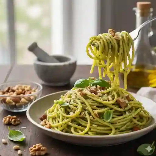 Espagueti con Blanca Al Pesto