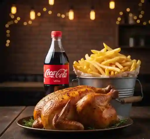 Promoción Pollo Asado Entero + 1kg Papas Fritas +bebida 1,5 It