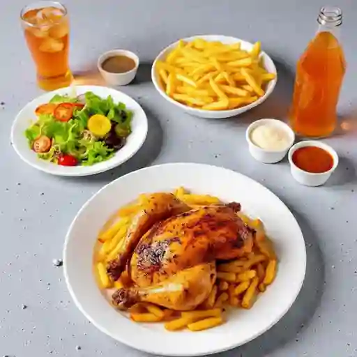 1 POLLO A LA BRASA + 2 PAPAS FRITAS + ENSALADA + CREMAS + BEBIDAS DE 1 1/2 LITROS