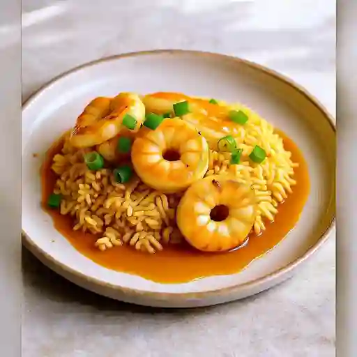 Colacion Camaron Mongoliano Con Arroz Chaufan+5 Unidades De Wantan Fritos + Bebida 350mi, Sabor Coca Cola O Fanta.